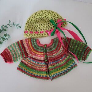 Beautiful Handknit Fair Isle Cardigan with Crocheted Hat Set for 18 Inch Dolls